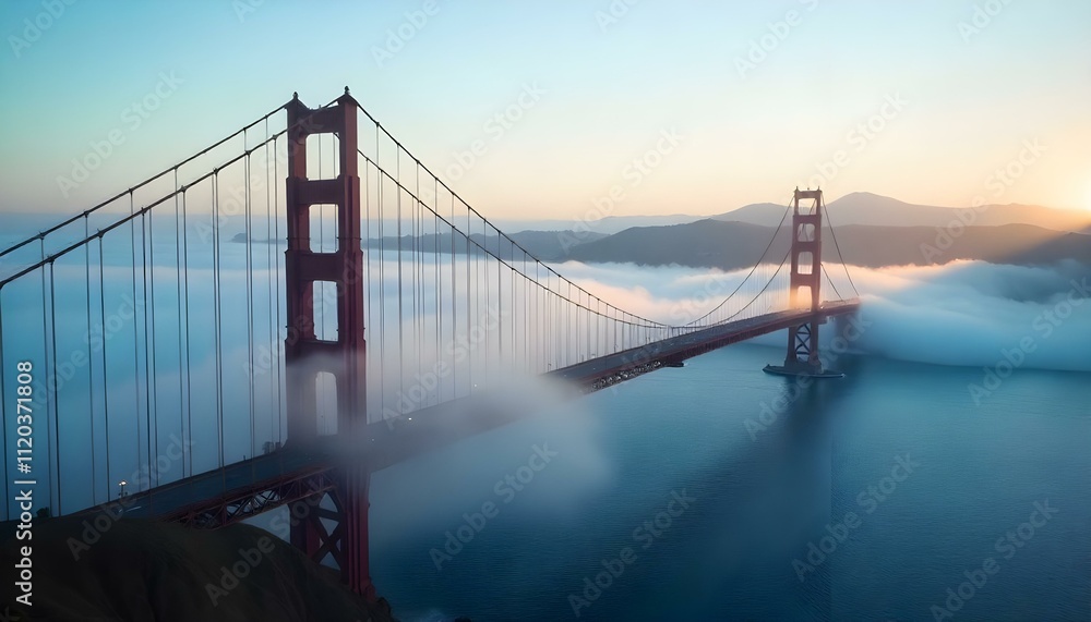 Obraz premium Golden Gate bridge covered in morning fog, partially obscuring the mountains in the background, the sky is a soft blue with hints of sunlight