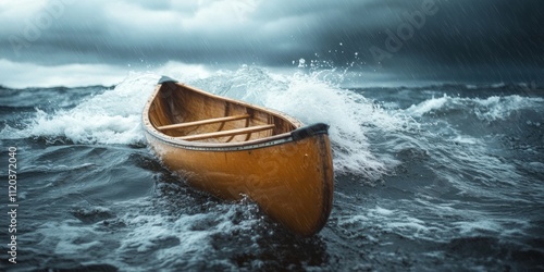 A lone wooden canoe battles the powerful waves of a stormy sea. The yellow color stands out against the dark, turbulent water. This image captures the struggle of nature and adventure. AI
