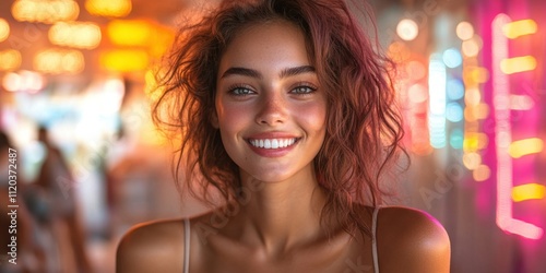 A joyful young woman smiling brightly against a background of glowing night lights. A festive and vibrant representation of parties and celebrations photo