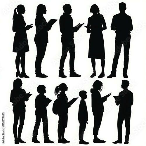 Silhouette of different genders, ages holding books. 