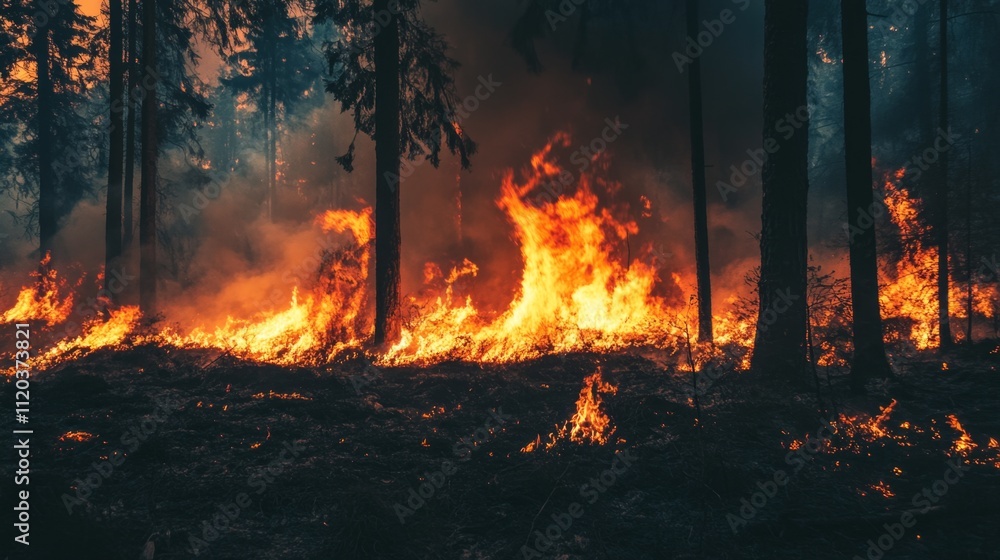 Forest fire blazes through woodland area captured aerial view nature photography environmental crisis dramatic scene Forest fire blazes through woodland area captured aerial view nature photography environmental crisis dramatic scene
