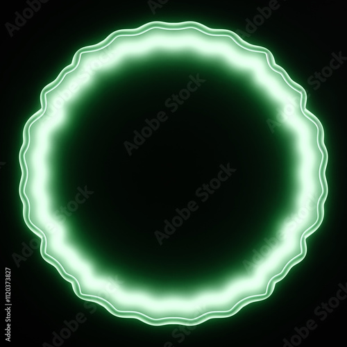 3D realistic round frame made of frosted glass and green neon light on a black background