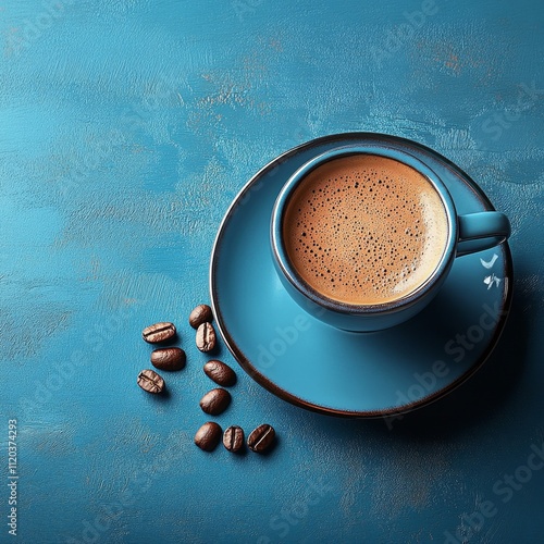 Tazas de café sobre un fondo azul, concepto comercial de venta de productos photo