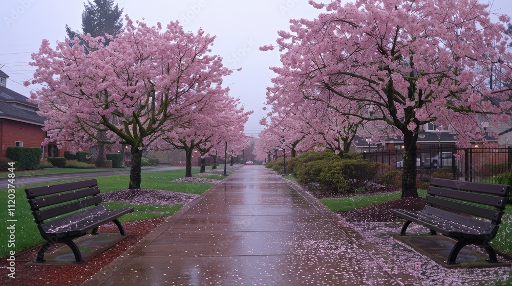 Rainy day, pathway lined with blossoming pink cherry trees, petals on ground, benches.
