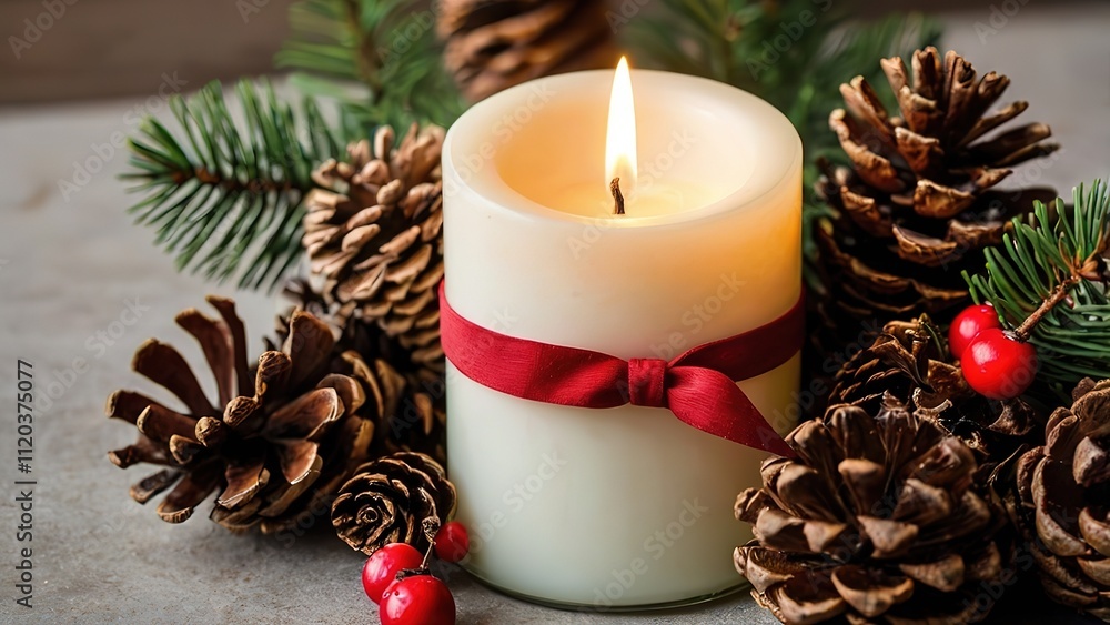 Christmas candle is surrounded by pine-cones and red berries, High 8k Resolution Christmas candle is surrounded by pine-cones and red berries, High 8k Resolution