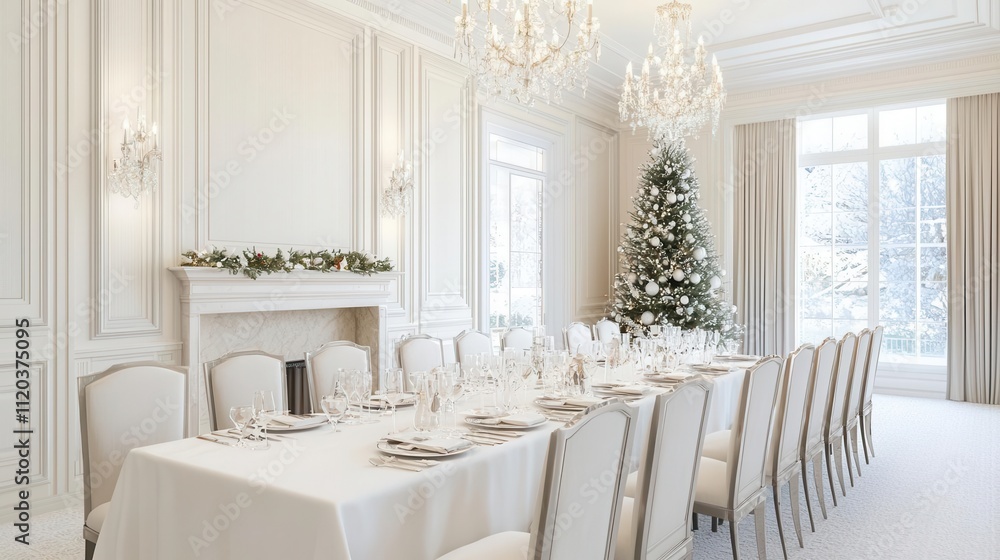 Elegant winter dinner party setup luxurious home interior design festive atmosphere daylight view holiday celebration Elegant winter dinner party setup luxurious home interior design festive atmosphere daylight view holiday celebration