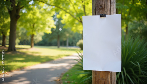 Outdoor flyer display mockup on wooden post in park for advertising and branding concept with copy space