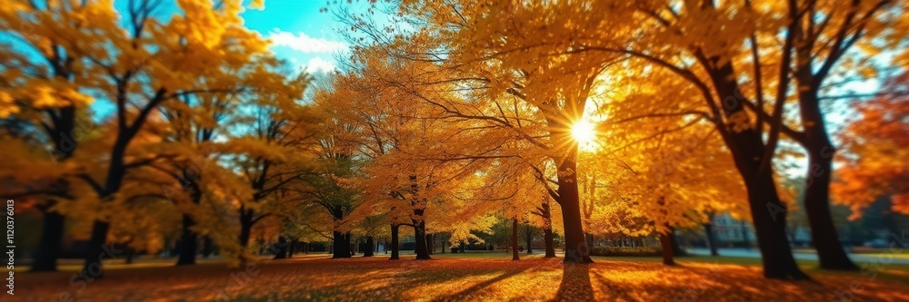 Fototapeta premium Autumn sunlight filtering through vibrant golden foliage in a serene park during late afternoon