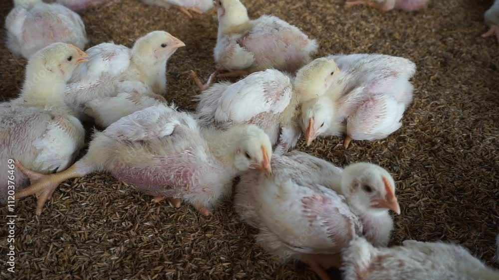 Broiler chicks on a small poultry farm, Group of small broiler chickens on a poultry farm, White small broiler chickens are being raised on a farm Broiler chicks on a small poultry farm, Group of small broiler chickens on a poultry farm, White small broiler chickens are being raised on a farm