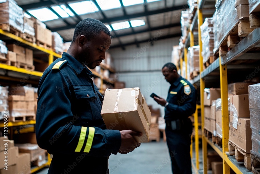 Warehouse workers carefully manage package logistics in bustling storage area. Generative AI Warehouse workers carefully manage package logistics in bustling storage area. Generative AI