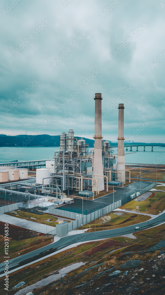 Obraz premium A modern power plant with multiple chimneys and industrial buildings, surrounded by greenery and roads, under a sky.