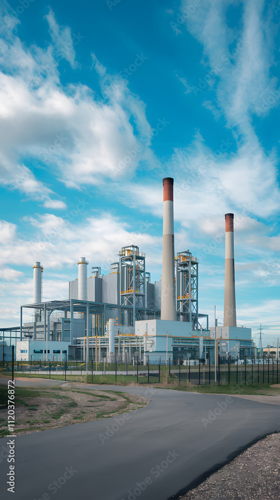 A modern power plant with multiple chimneys and industrial buildings, surrounded by greenery and roads, under a sky. A modern power plant with multiple chimneys and industrial buildings, surrounded by greenery and roads, under a sky.