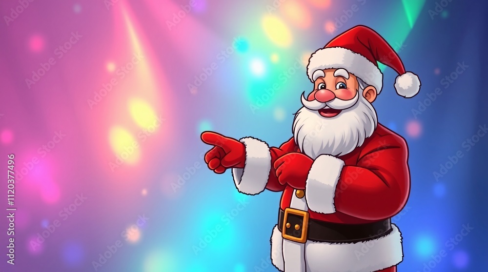 Smiling Santa Claus pointing at empty Blank advertising banner background with copy space. Wearing white gloves and , against a blurred background Smiling Santa Claus pointing at empty Blank advertising banner background with copy space. Wearing white gloves and , against a blurred background