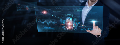 Finance Technology: fintech solutions, investment tools, data security, AI algorithms, regulatory compliance. Businessman analyzing finance technology progress chart on digital interface.