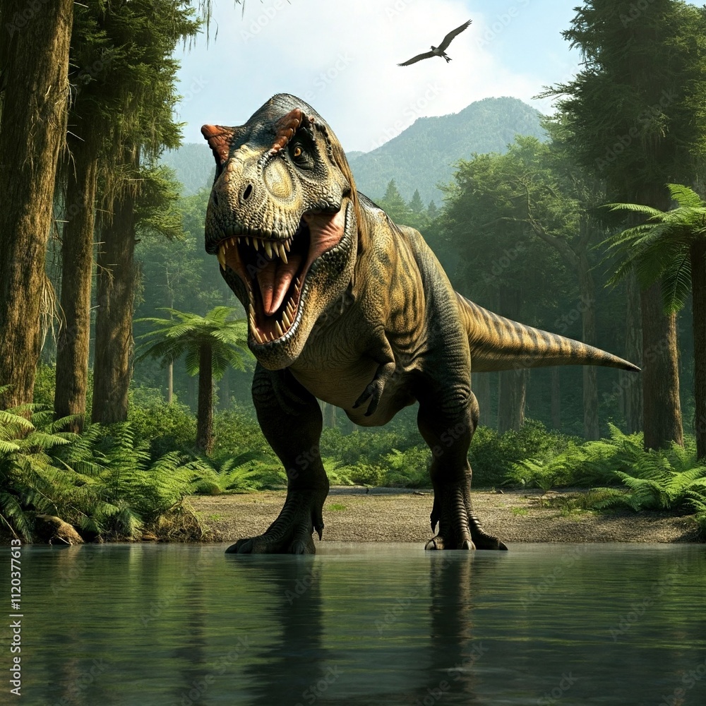 Fototapeta premium A Tyrannosaurus rex towering over a tranquil river surrounded by prehistoric wilderness