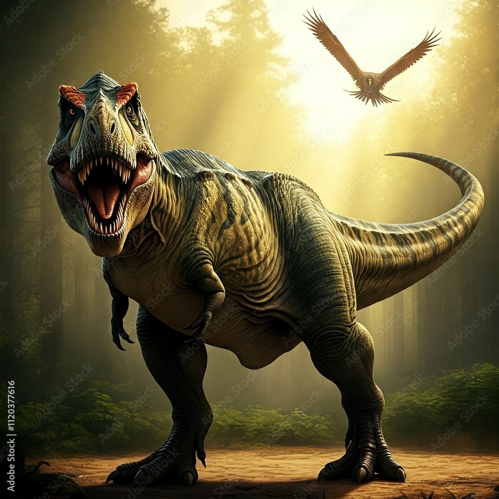Fototapeta premium A Tyrannosaurus rex basks in sunlight, showcasing its ferocious power and primal majesty