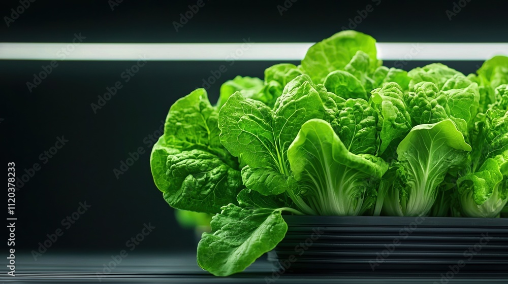 Hydroponic vertical farm showcasing fresh lettuce thriving under LED lights in a modern agricultural facility Hydroponic vertical farm showcasing fresh lettuce thriving under LED lights in a modern agricultural facility