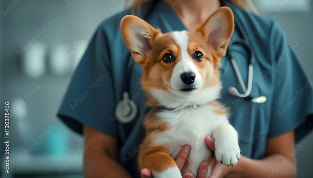 Cute corgi dog looking to the camera while being held by his owner at the vet clinic
Cute corgi dog looking to the camera while being held by his owner at the vet clinic