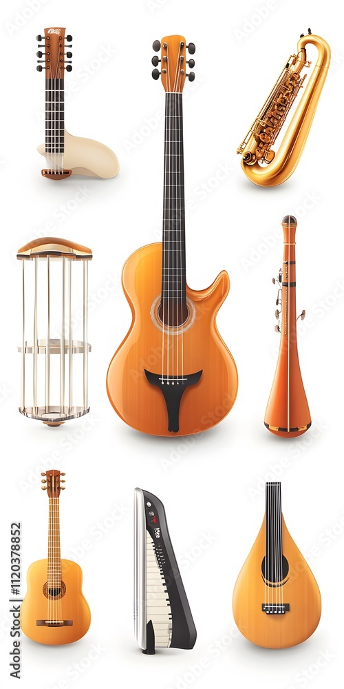 Naklejka premium Theme: Music, Musical Instruments, Icon Set, Shapes, Objects, on White Background, Abstract Image, Texture, Pattern Background, Wallpaper, Cover and Screen of Smartphone, PC, Laptop, 9:16 and 16:9 For