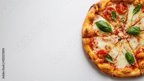 Perfectly baked Margherita pizza with fresh basil and mozzarella on a white background featuring ample copy space for design use photo