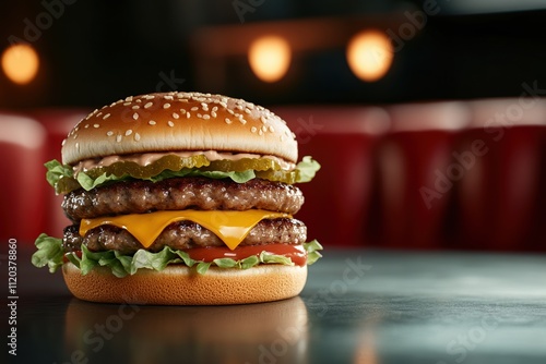 Big flavorful burger stacked with grilled patties, melted cheese, and fresh lettuce in a retro diner setting photo