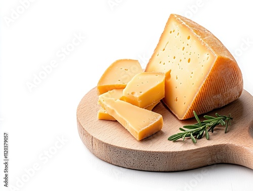 Richly aged Dutch Gouda cheese with firm texture and deep flavors served on a wooden board with fresh herbs against a white background photo