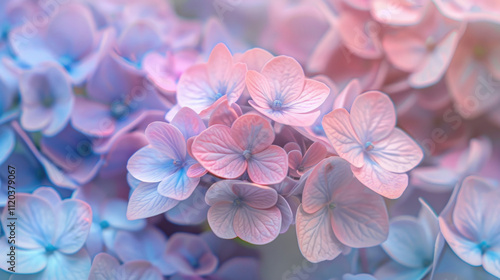 Close-Up of Delicate Pastel Hydrangea Flowers in Soft Focus with Gentle Pink and Blue Tones