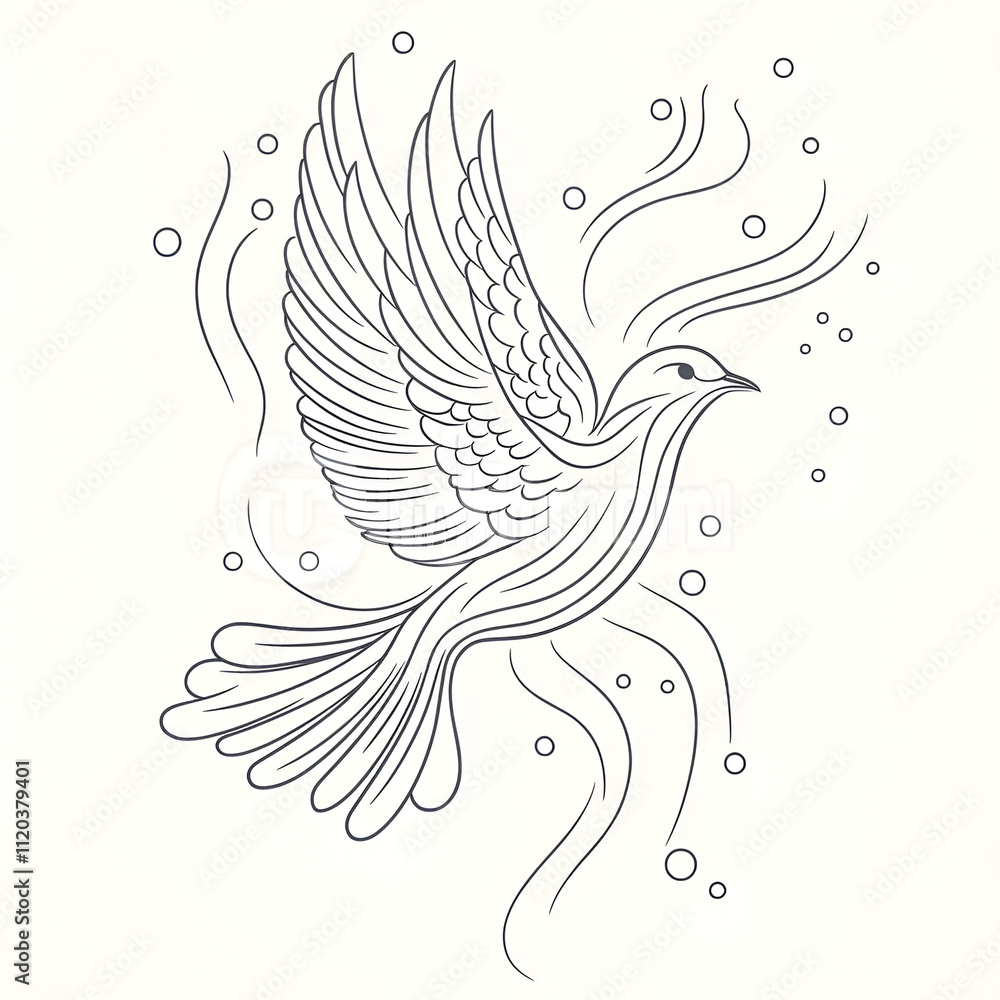 Elegant line art illustration of a bird in flight surrounded by flowing patterns