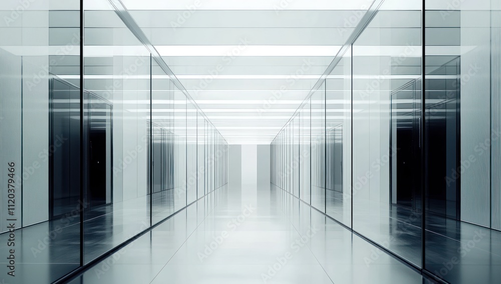 Modern glass corridor with bright lighting and dark doors. Modern glass corridor with bright lighting and dark doors.