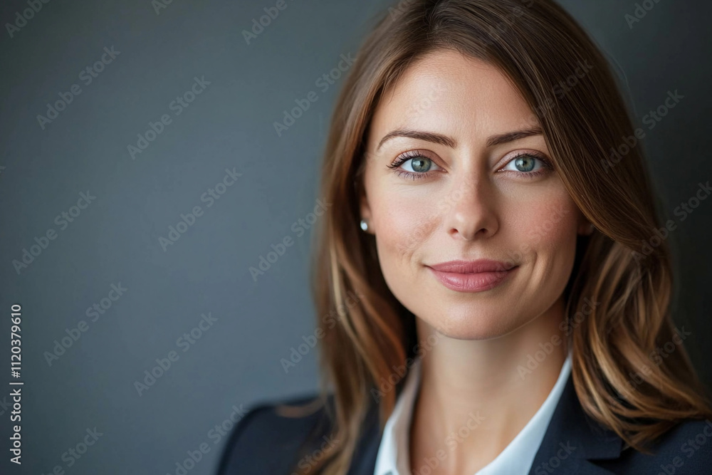 Professional woman with confident smile in office setting Professional woman with confident smile in office setting