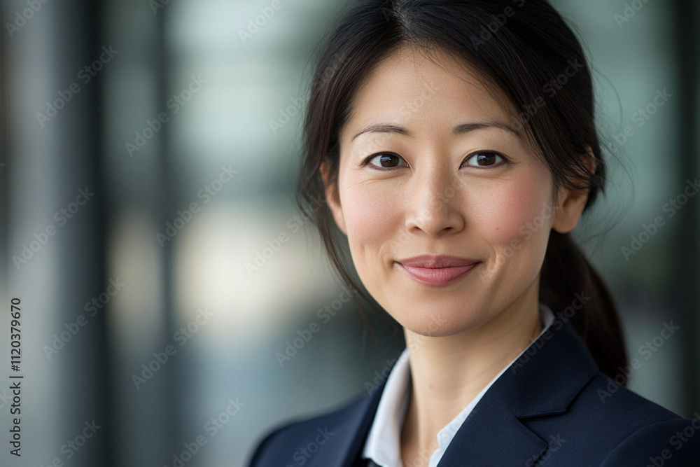 Obraz premium Professional woman smiling confidently in a modern office
