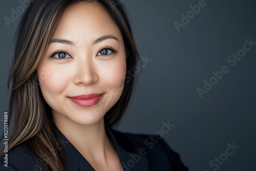 Professional portrait of a woman with long hair smiling