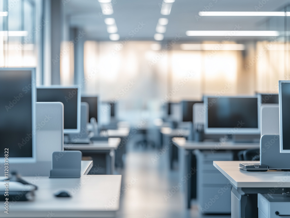 Defocused and blurred background of sophisticated office with rows of computers, neutral decor and bright lighting. Designed for a modern and efficient corporate workspace. Defocused and blurred background of sophisticated office with rows of computers, neutral decor and bright lighting. Designed for a modern and efficient corporate workspace.