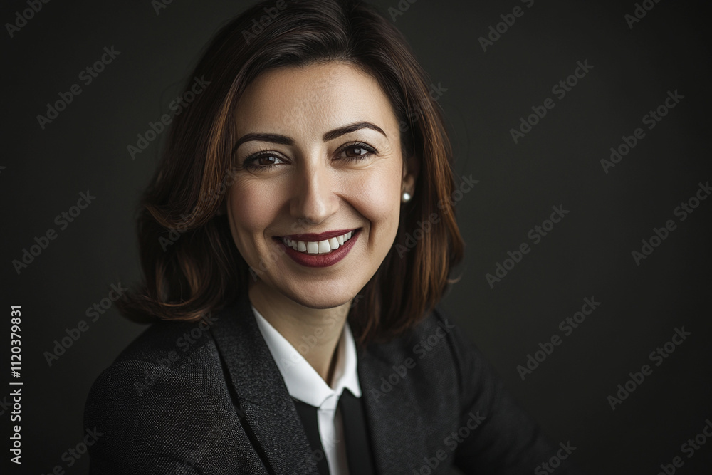 Smiling woman in professional attire against a dark background Smiling woman in professional attire against a dark background