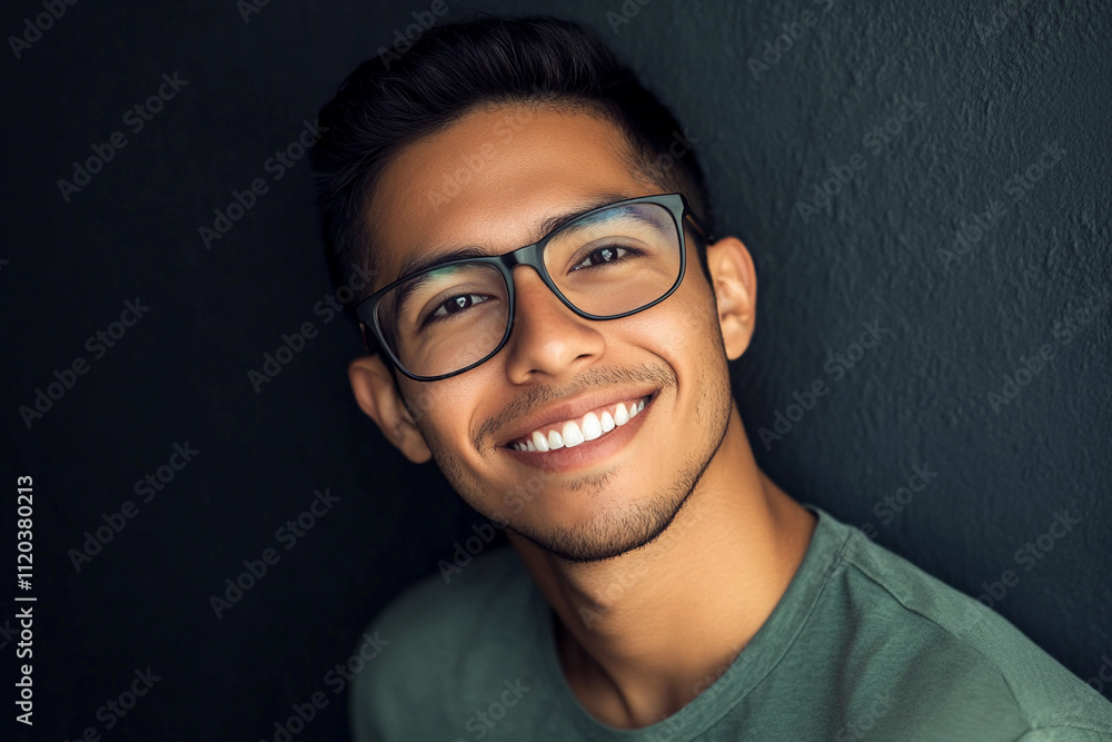 Young man smiles confidently in casual attire against dark backdrop Young man smiles confidently in casual attire against dark backdrop