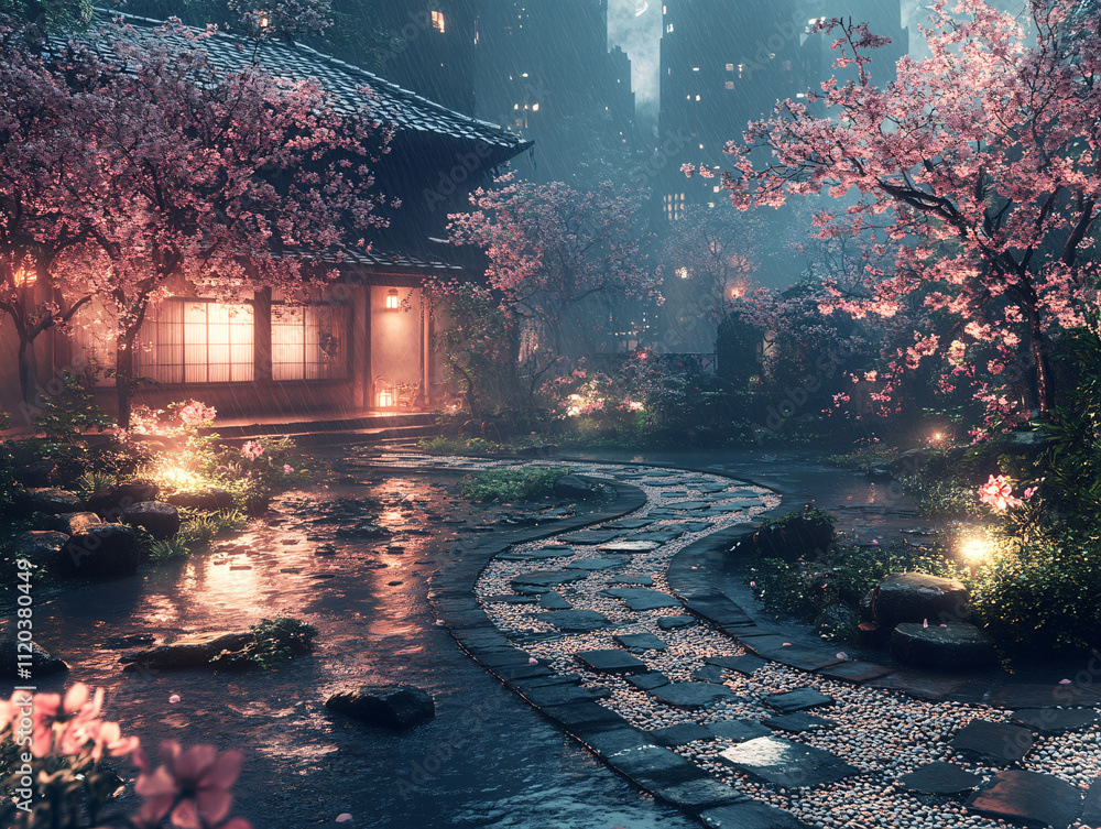 a serene night scene with cherry blossom trees in full bloom, a network ...
