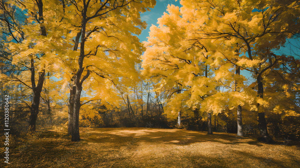 Fototapeta premium A scenic view of a forest with autumn foliage, featuring tall trees with yellow leaves and a distant mountain under a clear sky.