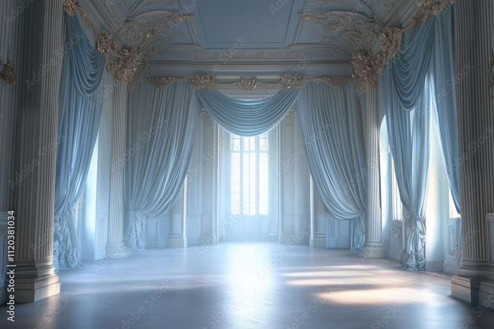 Architectural Photography of an Elegant Baroque Room with Flowing Drapes, Columns, Misty Atmosphere Photo Overlay
Architectural Photography of an Elegant Baroque Room with Flowing Drapes, Columns, Misty Atmosphere Photo Overlay