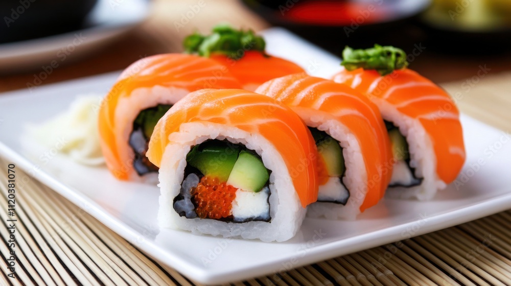 an elegant plate of sushi, arranged with precision, garnished with pickled ginger an elegant plate of sushi, arranged with precision, garnished with pickled ginger