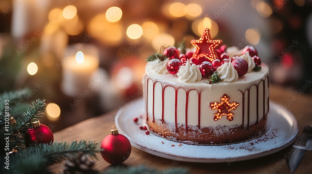 Christmas cake on a table, designed to celebrate the festive season. Christmas cake on a table, designed to celebrate the festive season.