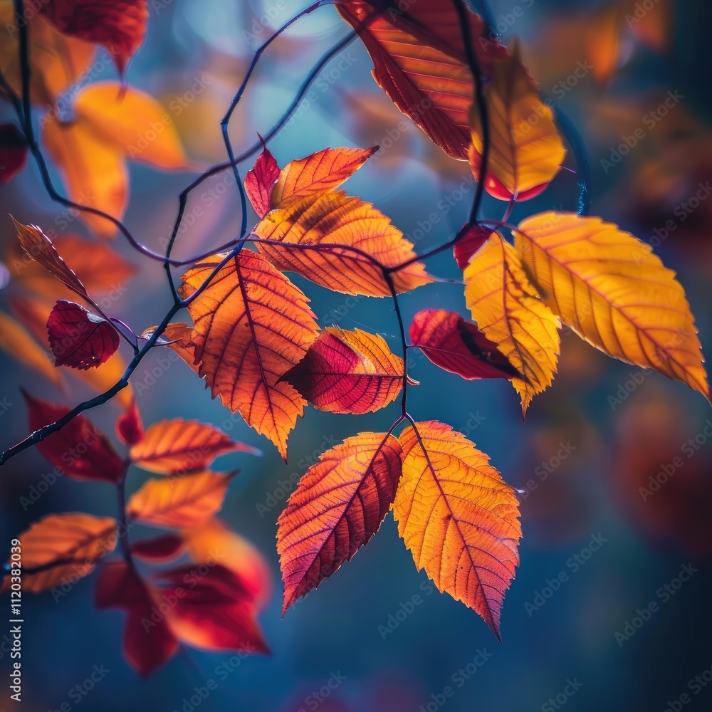 Obraz premium Autumn leaves in vibrant hues against a blue sky.