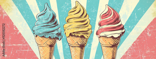 Wide panoramic Vintage style cover illustartion background with colorful flavoured ice cream cones in creamy background  