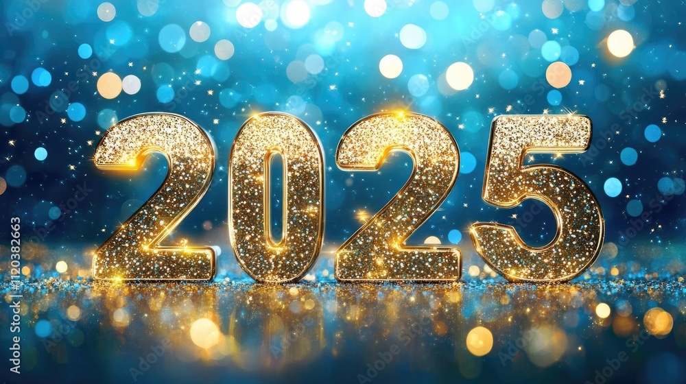 A celebratory New Year 2025 card with luxurious gold letters and glittering golden circles, set against a blue background with a bokeh effect, bringing festive cheer. A celebratory New Year 2025 card with luxurious gold letters and glittering golden circles, set against a blue background with a bokeh effect, bringing festive cheer.