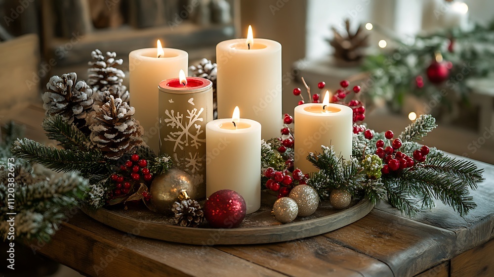 Christmas candles with arrangements and decorations, adding to the holiday atmosphere. Christmas candles with arrangements and decorations, adding to the holiday atmosphere.