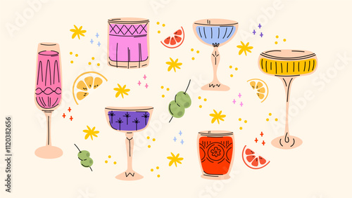 Set alcoholic cocktails in glasses in cartoon retro style of different shapes. Classic summer drinks, aperitif. Hippie groovy drinks hand drawn