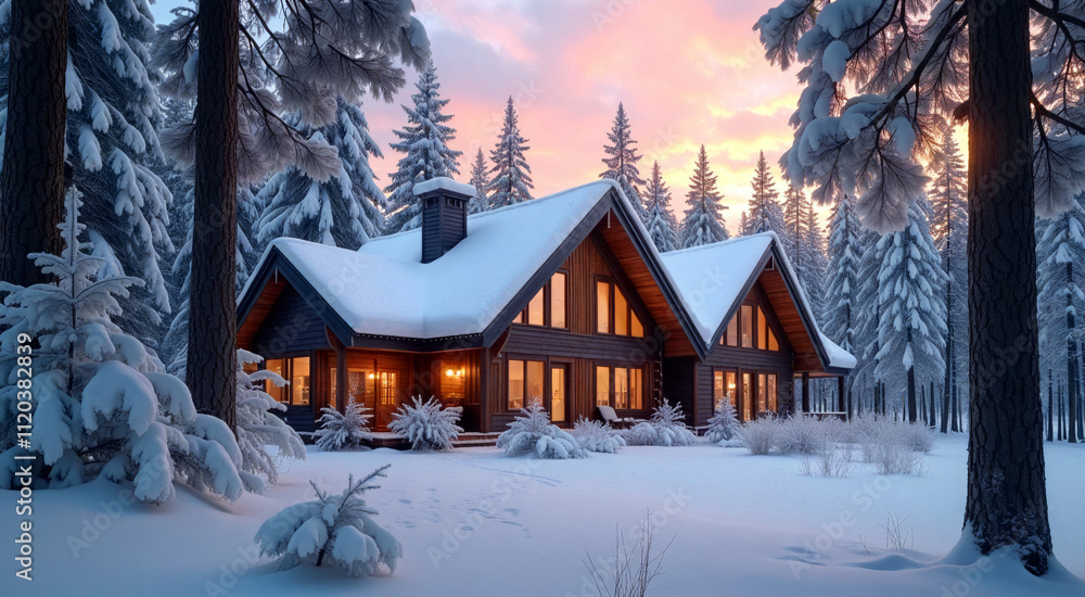 Rustic Log Cabin in Snowy Sunset Forest Rustic Log Cabin in Snowy Sunset Forest