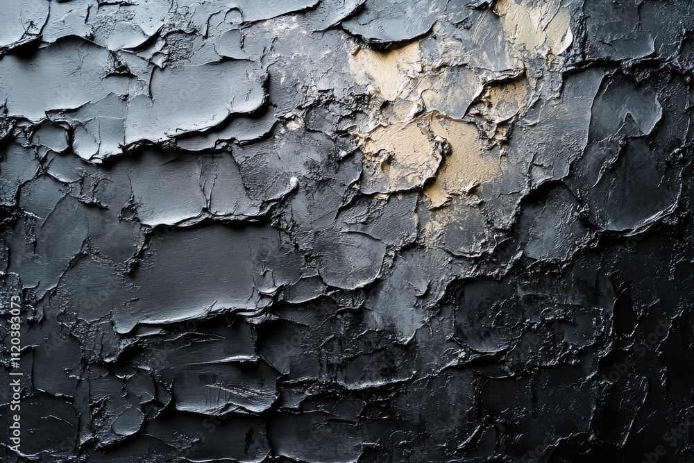Textured surface with peeling black paint and hints of beige, creating an abstract appearance.