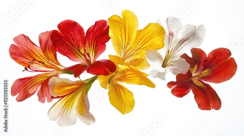 A cluster of colorful flower petals, including red, yellow, and white, floating lightly on a white background, creating a vibrant contrast.