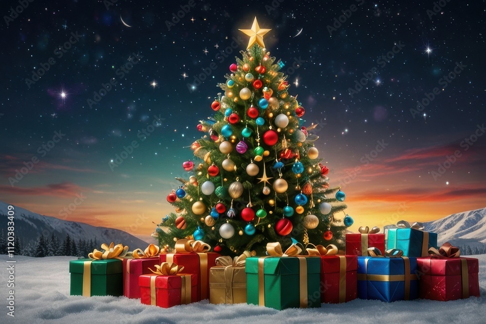 A beautifully decorated Christmas tree with presents underneath A beautifully decorated Christmas tree with presents underneath