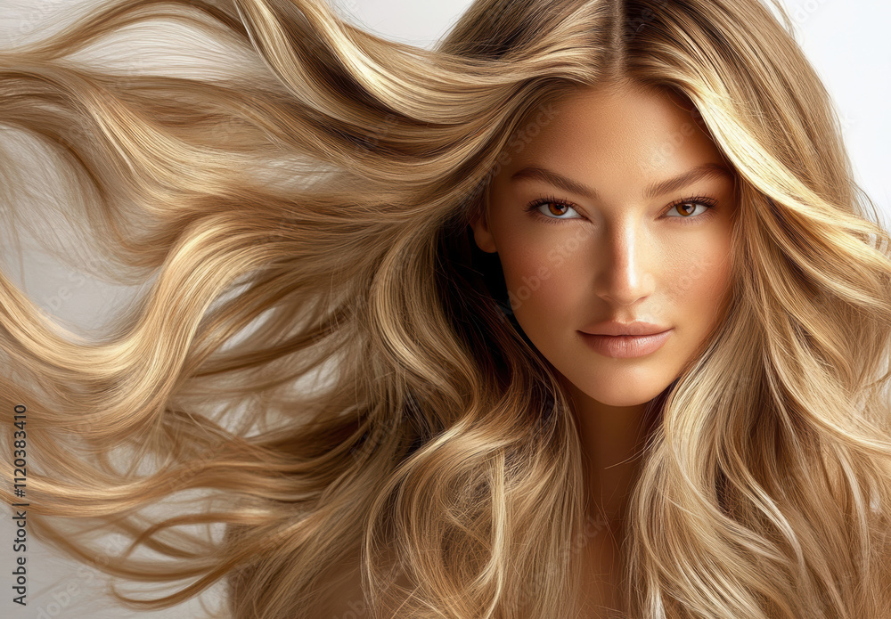 Model showcases flowing blonde hair with natural waves in studio setting Model showcases flowing blonde hair with natural waves in studio setting